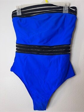 Royal Blue Strapless One-Piece Swimsuit with Black Stripe Accents